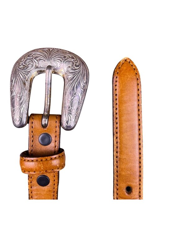 Tony Lama Tan Leather Western Belt With Silver Buckle Embossed Floral Sz 30 - Picture 2 of 8